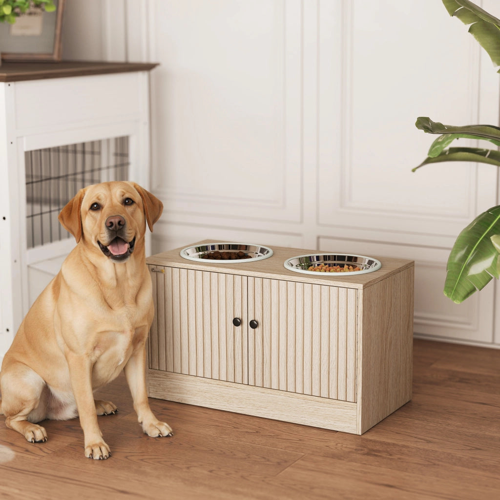 Armadio per cane con ciotole in acciaio inox ¨C zephmum ¨C 2 ciotole, in legno