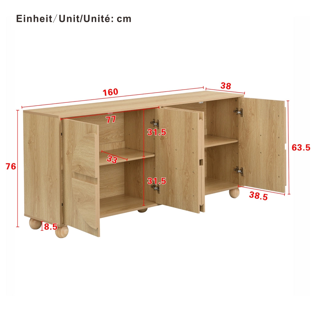Credenza e madia a 4 ante con 2 vani interni e ripiani regolabili, per soggiorno e ingresso, naturale, 160 × 38 × 76 cm