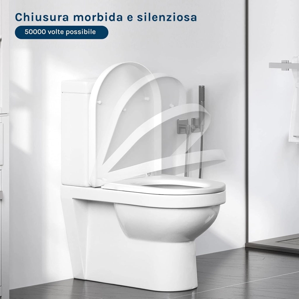Copriwater Sedile WC Coperchio con Chiusura Ammortizzata Soft Close Toilet Seat Bagno in Plastica Bianco Forma di D