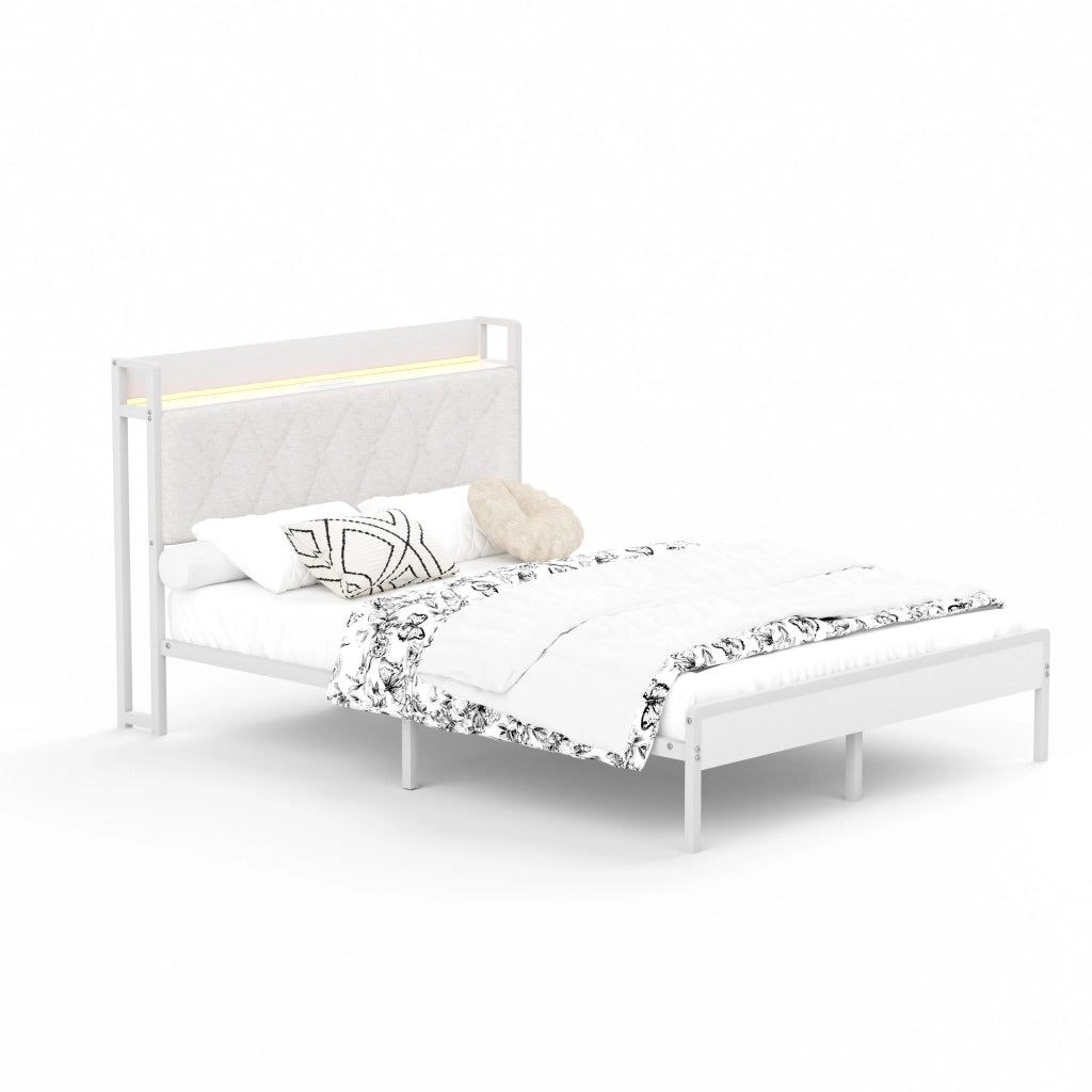 Letto imbottito 140x190 cm bianco con testiera LED, USB, contenitore e struttura in metallo