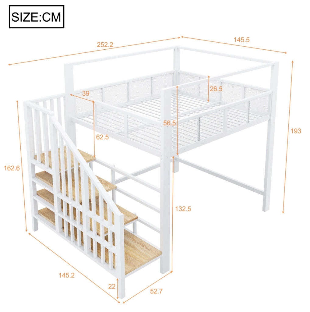 Letto a soppalco 140x200 cm con baldacchino; scala portaoggetti in metallo bianco