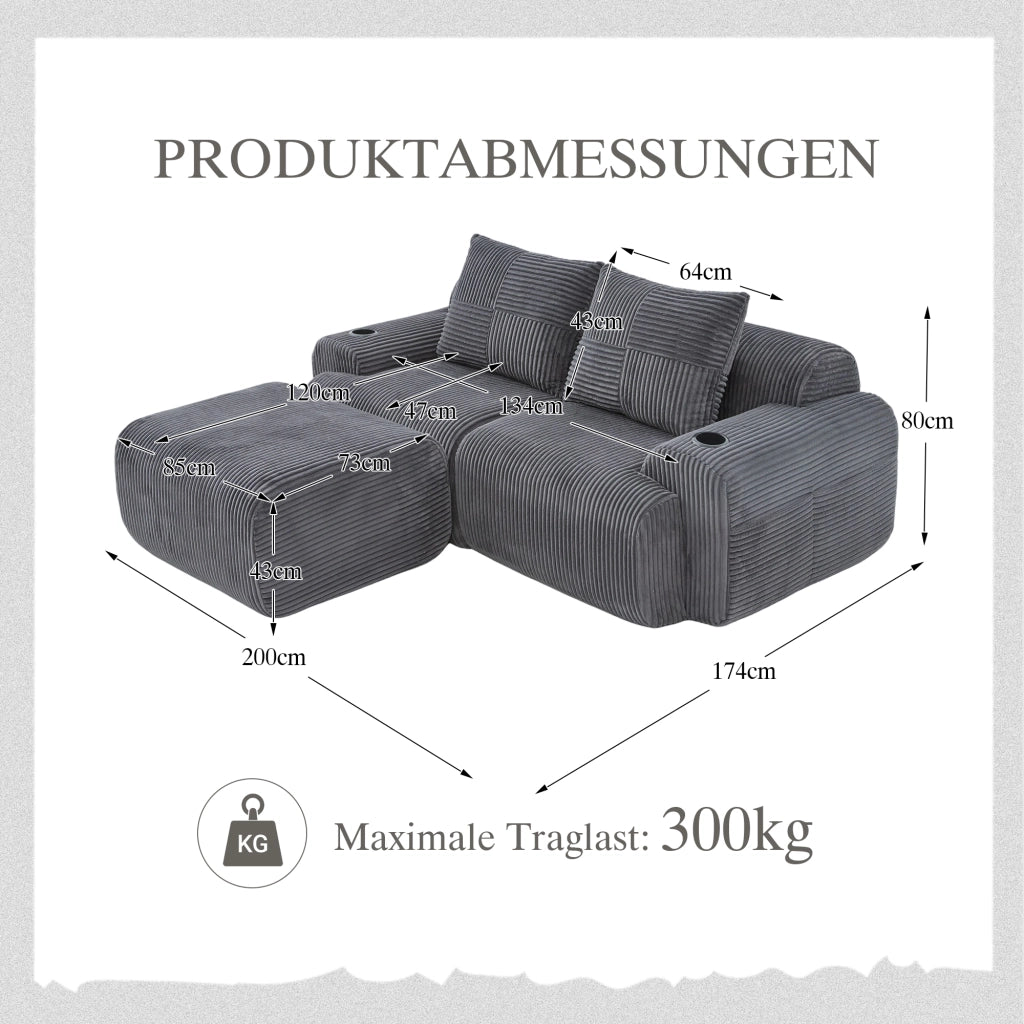 Divano modulare 2 posti in tessuto a coste con portabicchieri e tasca laterale grigio scuro 200 × 174 × 80 cm