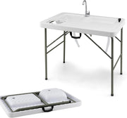 Tavolo pieghevole per sfilettare, tavolo da campeggio 102 x 66 cm, con rubinetto girevole e 2 lavabi, tavolo per la pulizia del pesce con scala di misurazione e pattumiera, stazione per la