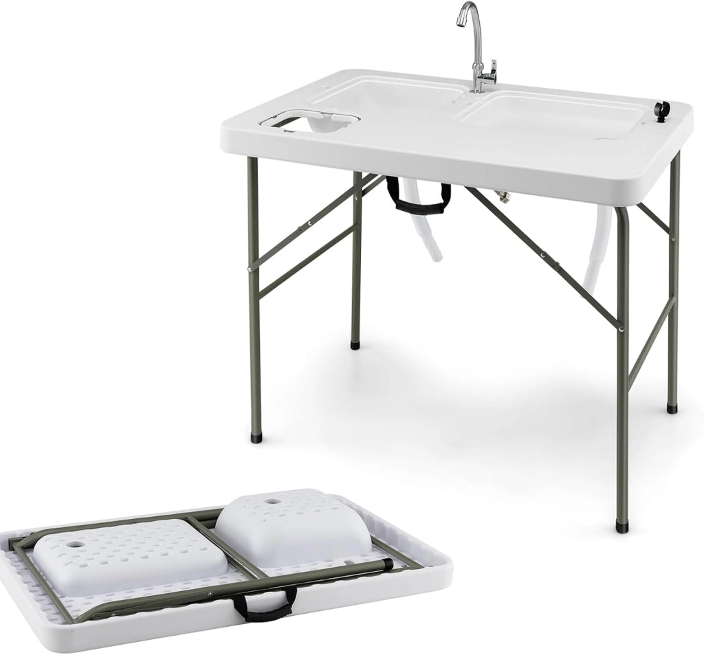 Tavolo pieghevole per sfilettare, tavolo da campeggio 102 x 66 cm, con rubinetto girevole e 2 lavabi, tavolo per la pulizia del pesce con scala di misurazione e pattumiera, stazione per la