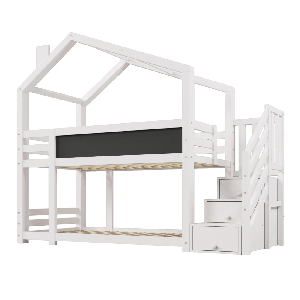 Letto a castello per bambini 90x200 cm stile casa sull’albero con scala contenitore e lavagna, bianco