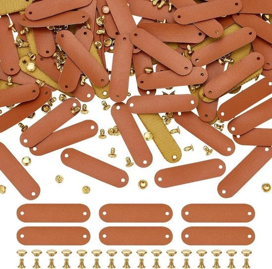 60 Set di Etichette in Pelle PU, Etichette in Pelle vuote, 12x45mm, con Rivetti, Etichette in Pelle a forma di Uovo, Accessori per Abbigliamento, Borse, Scarpe e Cappelli - Cioccolato