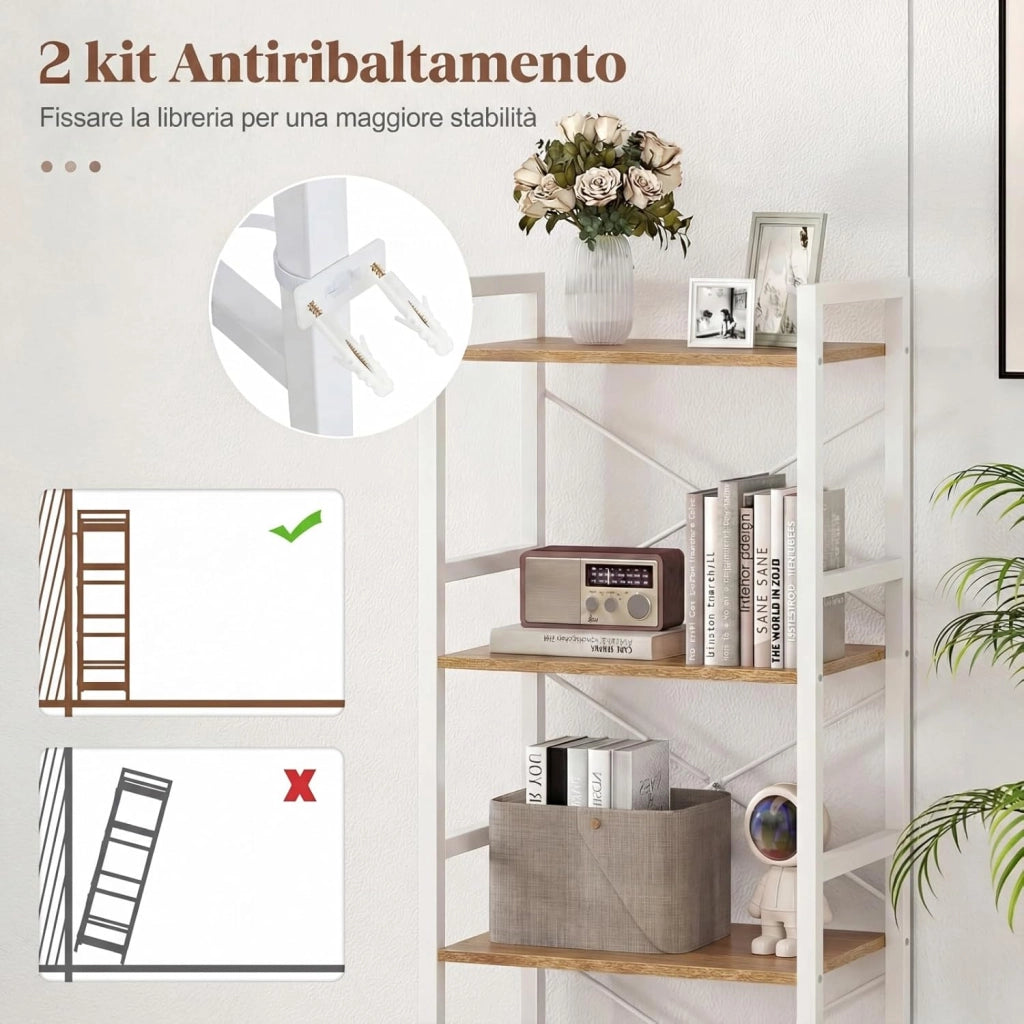 Libreria a 4 Ripiani, Scaffale Portaoggetti con Struttura in Metallo, con Ripiani Aperti e Design Anti-caduta, per Soggiorno Ufficio Casa, 41,5x27,5x100 cm (Naturale)