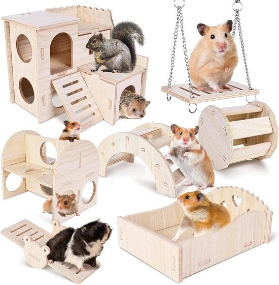 Setto di gioco per cavia 7 pezzi accessori per cavia giocattoli per cavia giocattoli per cavia attività di cavia casa per cavia con ponte e scivolo in legno