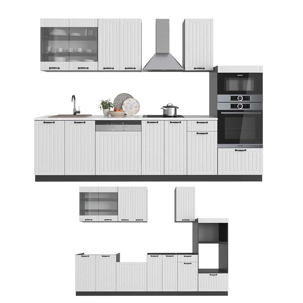 Cucina componibile Fame-Line Bianco rustico/Antracite 300 cm con armadio alto, PL Antracite Vicco