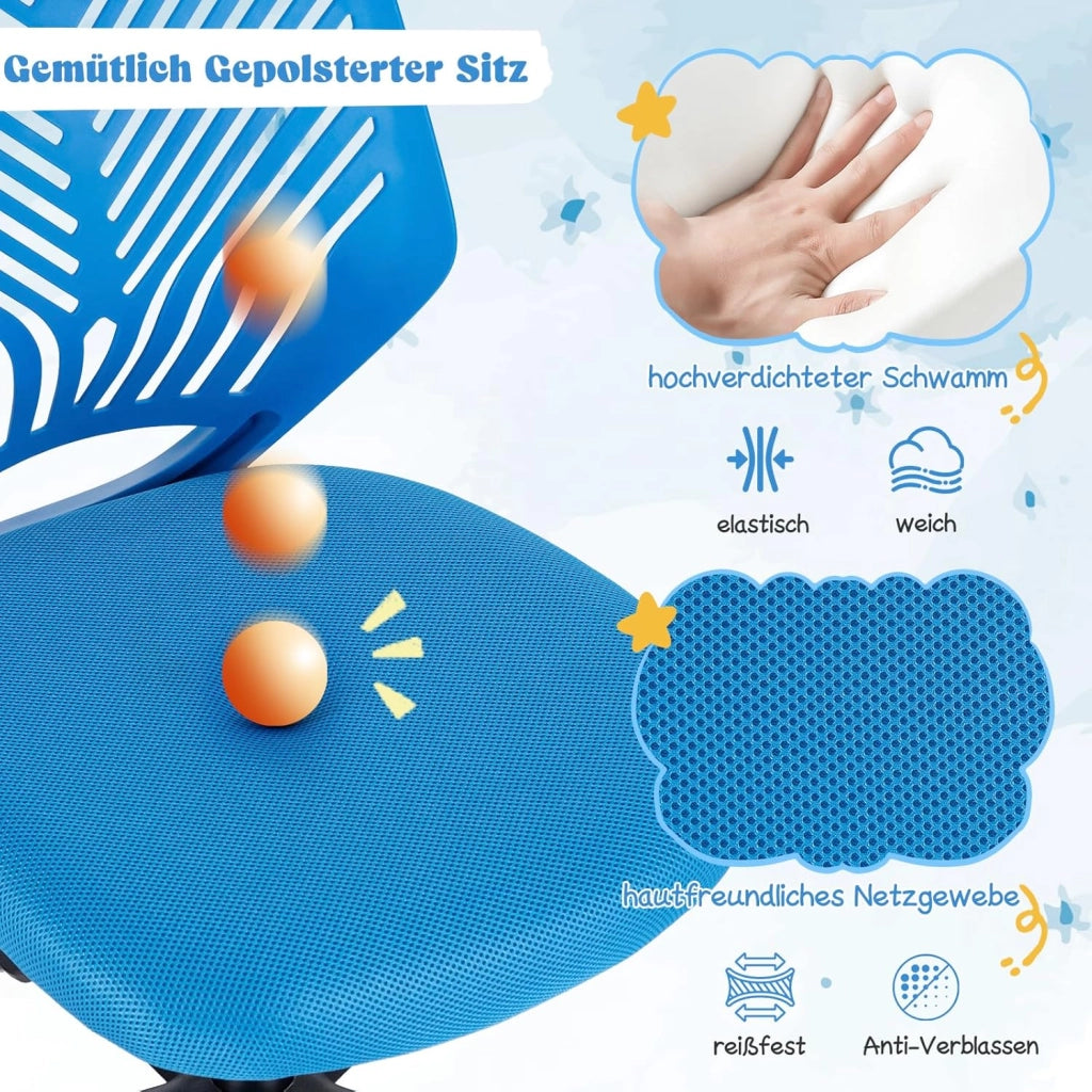 Sedia da scrivania per bambini, graziosa sedia da ufficio con schienale a forma di S e seduta imbottita, sedia da studio girevole senza maniche su ruote, per ragazzi e ragazze (blu)