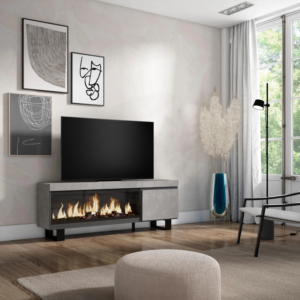 Mobile TV Soggiorno, 158x35x57cm, Per TV fino a 65", Camino elettrico XXL, Design industriale, grigio cemento RF3239
