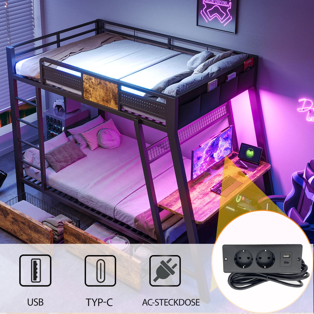 Letto a castello 2 posti per 2 materassi 90 × 200 cm con scrivania, prese, USB e porta tipo C, LED, senza materasso