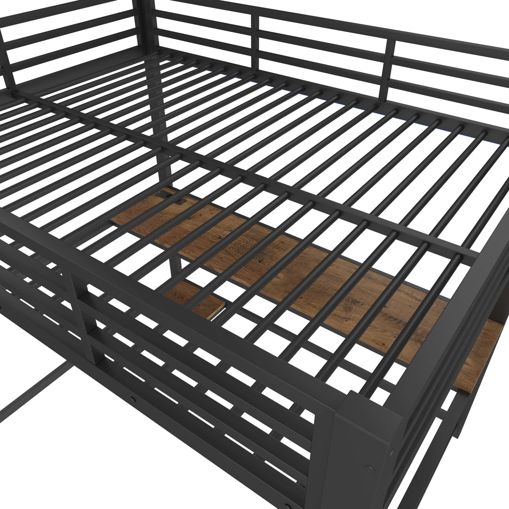 DESMIU Letto a Soppalco 2 Posti con Scrivania, Presa, USB e LED 140 × 200 cm, Senza Materasso, Nero