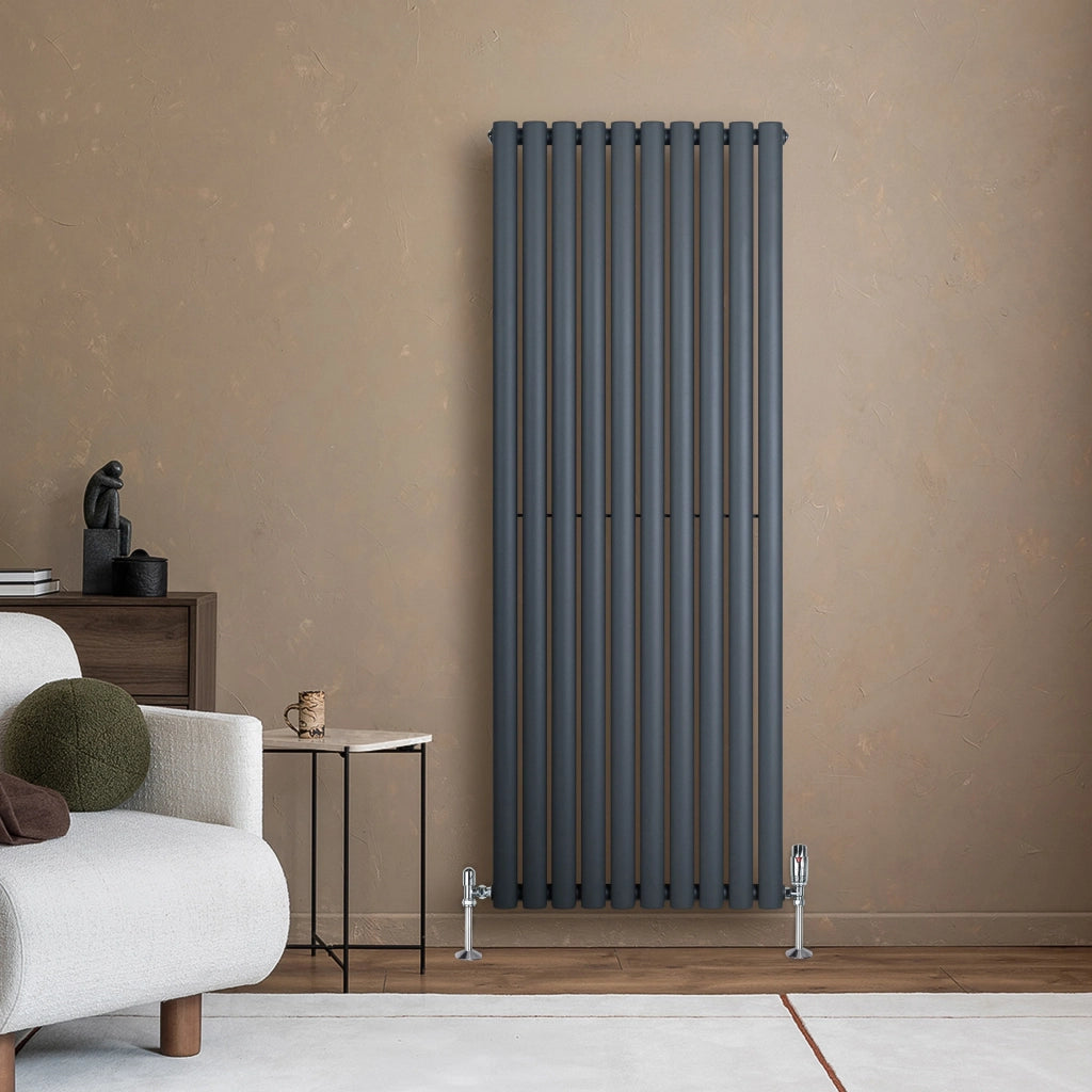 Radiatore Verticale Ovale 1600x600mm Grigio Antracite con Valvole TRV