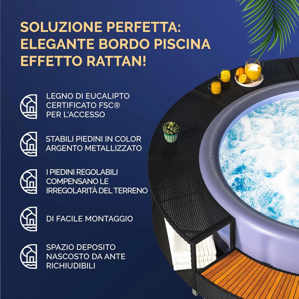 Cornice Whirlpool Vasca Idromassaggio Polyrattan Ø 206 cm Ingresso in Legno Eucalipto Certificato FSC Bordo Piscina Relax