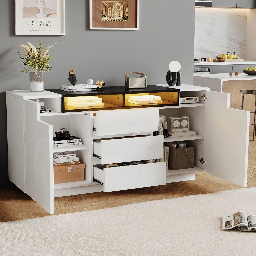 Credenza con 2 ante; 3 cassetti e LED - per soggiorno - 140x40x68 cm - bianco
