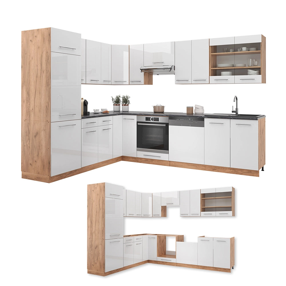 Vicco Cucina angolare completa Bianco lucido/oro power oak 227 x 60 cm senza piano di lavoro