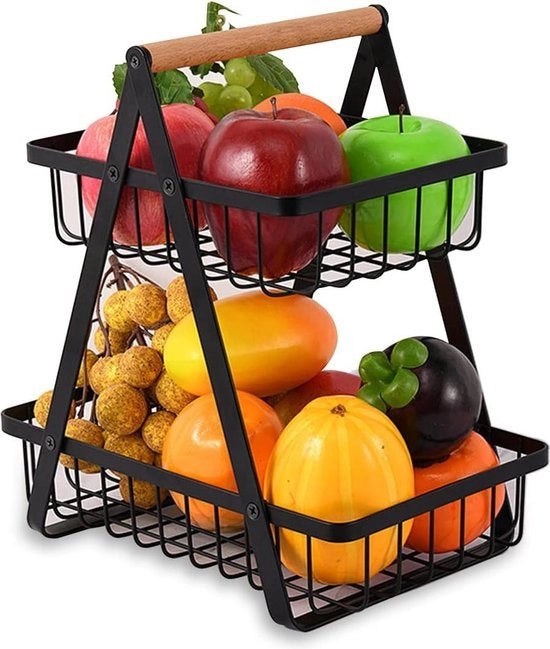 Fruitiera 2 livelli per cucina - contenitore metallico per pane verdure snack - conservazione e organizzazione della cucina nera