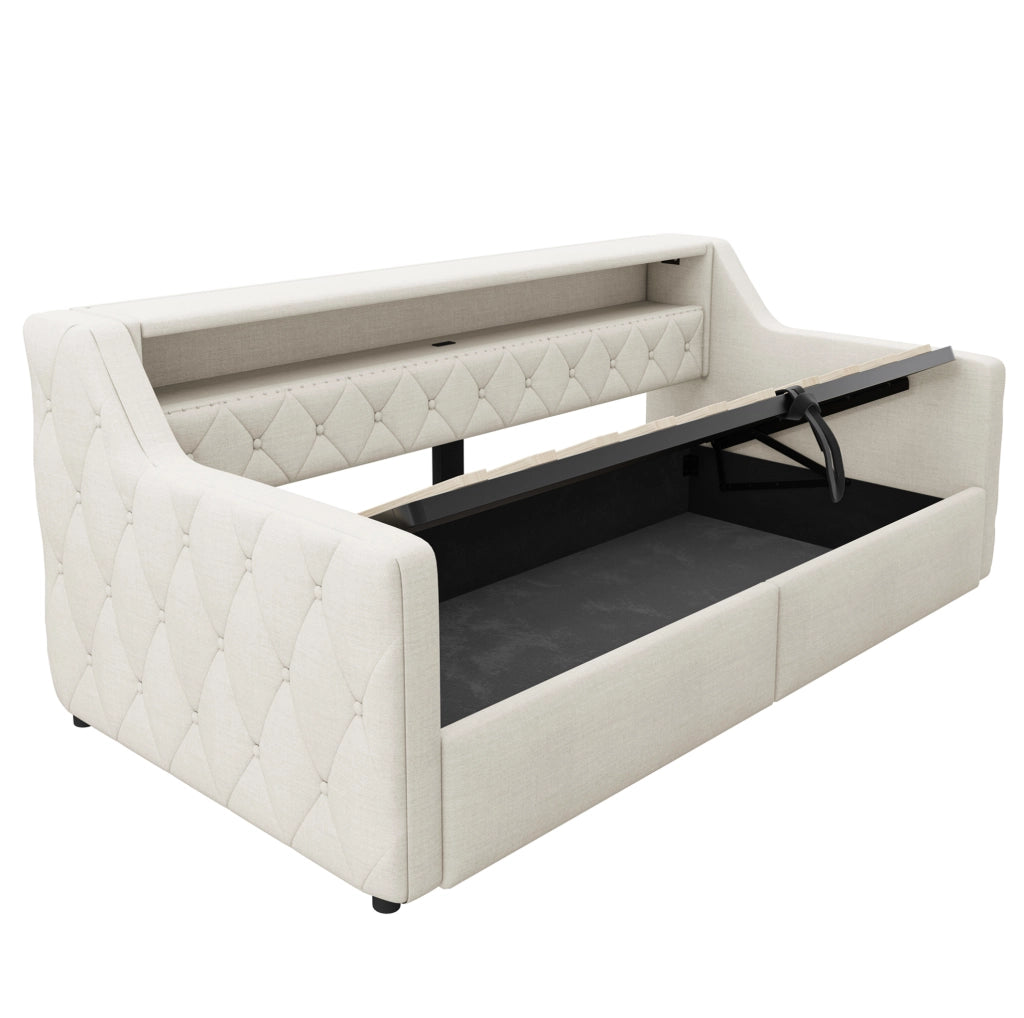 Daybed 211x106x77 cm con contenitore idraulico; LED e porte USB e USB C in lino e MDF beige