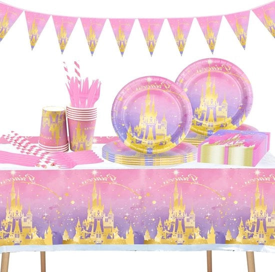 Decorazioni per festa di compleanno di castello - Set di piatti e bicchieri in cartone - Tavola con tovaglia e decorazioni in rami - Bandiera e tovaglioli - Set di forchette e coltelli per 10 persone.