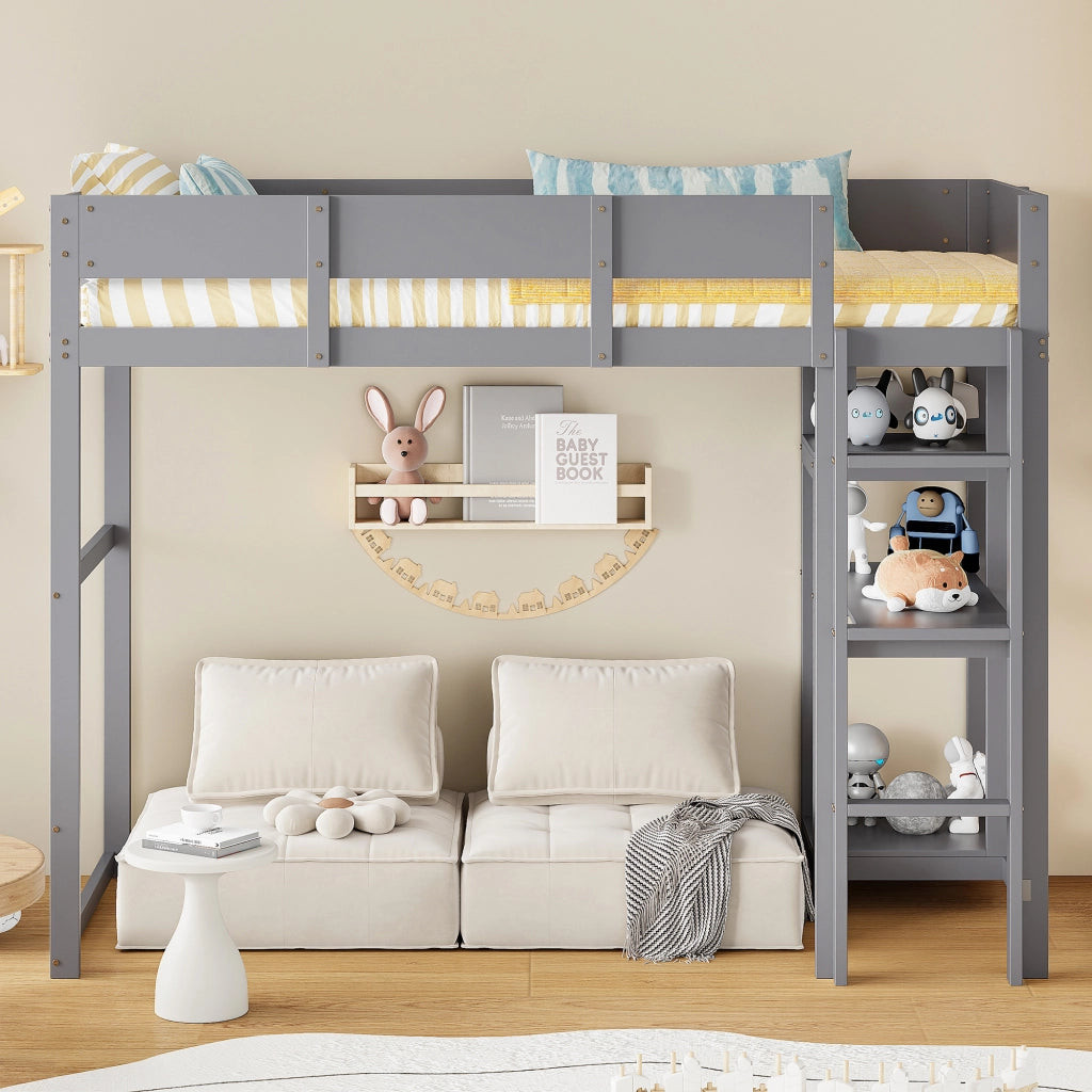 Letto a soppalco singolo 90×200 cm con ripiano e sponde per camera; senza materasso; legno; grigio