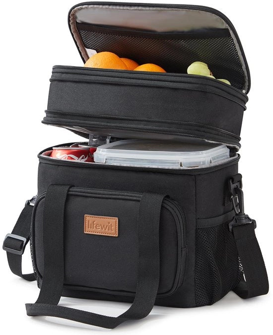 Borsa da pranzo per uomo e donna, borsa da pranzo a doppia imbottitura, dimensione media, contenitore isolante morbido, impermeabile con cinturino a spalla, per adulti per lavoro/voli/travel, 12L/16 bottiglie, nero