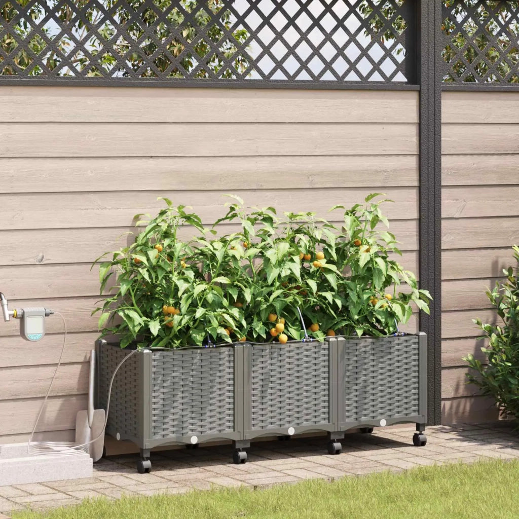 Vaso da Giardino con Irrigazione e Ruote 3 pz Grigio Chiaro PP 3423084