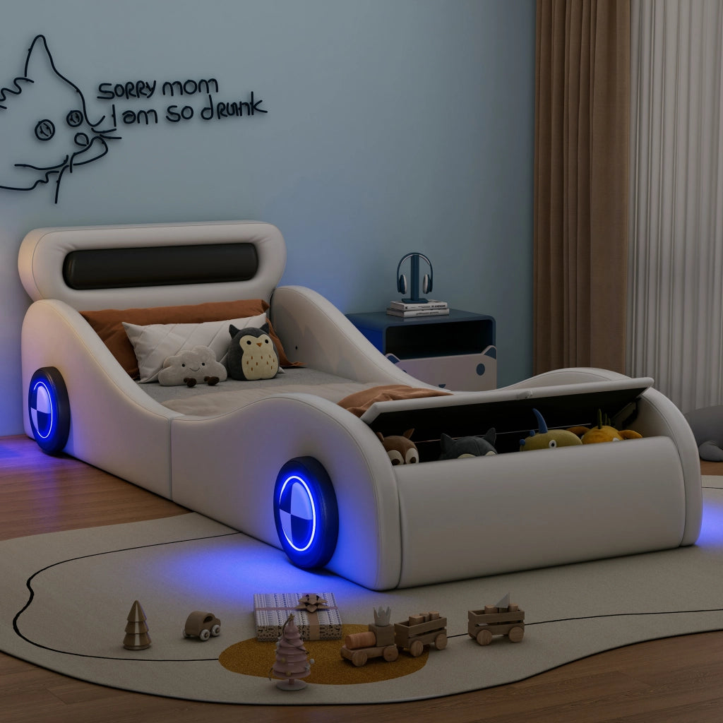 Letto imbottito auto bianco con ruote luminose in PU 90x200 cm