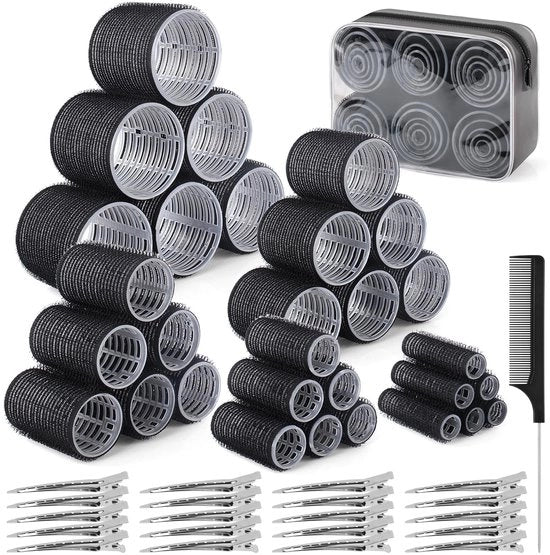 Set di 60 rotelle per capelli - Perfetto per volume - Nero - Adatto per tutti i tipi di capelli - Inclusi clip metallici - Adatto per uso domestico