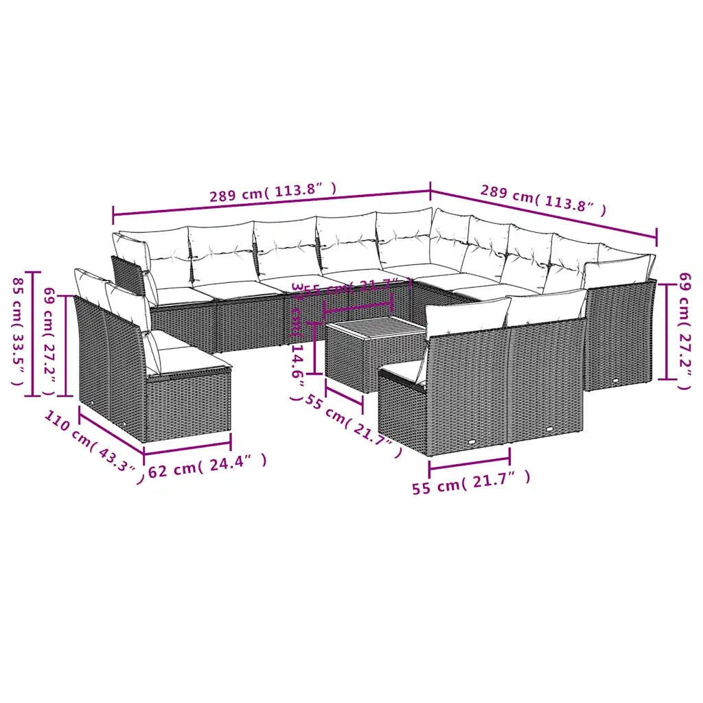 Set Divani da Giardino 14pz con Cuscini in Polyrattan Nero 3256267