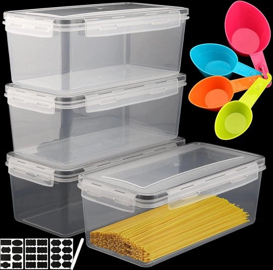 Set di 4 contenitori per spaghetti, scatole da cucina con coperchio, contenitori rettangolari per pasta, 3,2 l contenitore per spaghetti in vetro, scatole da cucina, contenitori a chiusura ermetica per cereali, muesli, cornflakes, pasta