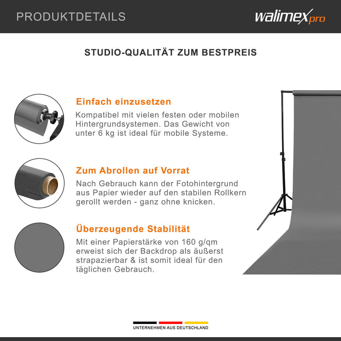 Sfondo fotografico in cartoncino grigio 2,60x10 m, Backdrop foto antiriflesso e resistente, per studi fotografici