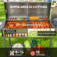 Barbecue a Carbone e Gas con 3 Bruciatori e Coperchio, Termometro, Ruote e Ripiani, Nero