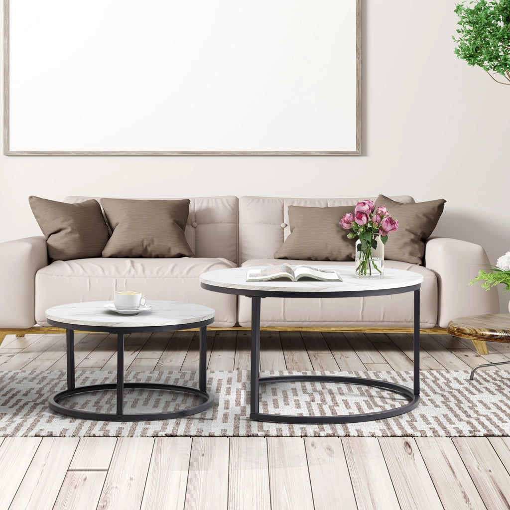 TAVOLINO DA CAFFÈ Set 2 Pezzi 80x45 cm Effetto Marmo Bianco con Struttura Nera
