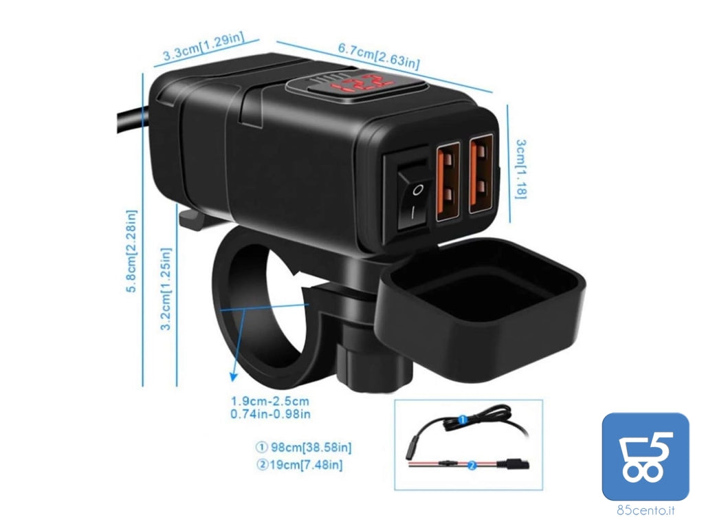 Set Caricabatterie con Spina Din 2 USB QC 3.0 per Auto Moto con Copertura Impermeabile