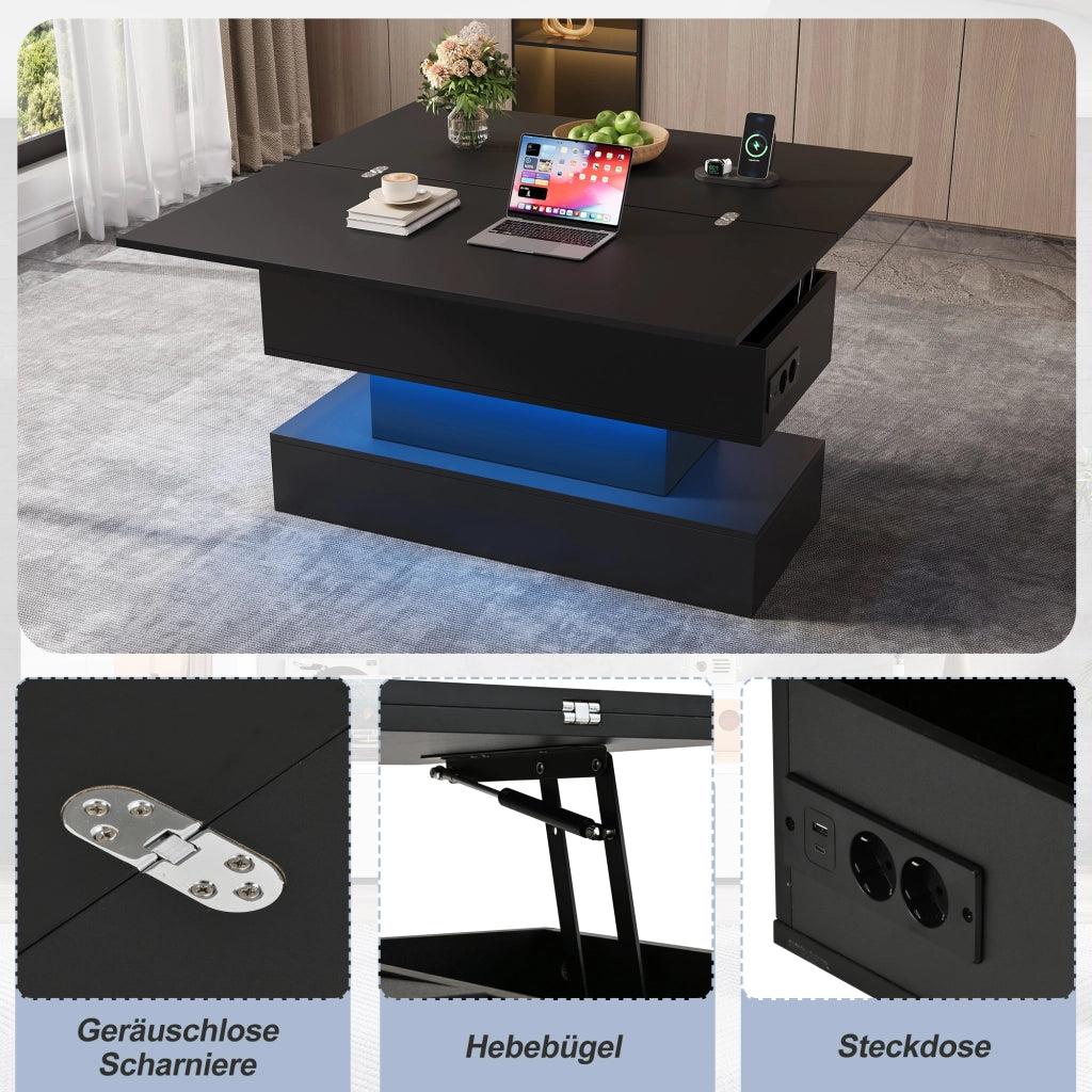 Tavolino basso sollevabile con luce LED, presa integrata e vano contenitore nascosto, per soggiorno, 100 × 50 × 51,5 cm