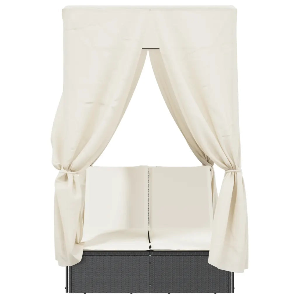 Lettino Prendisole con Tetto e Tende Nero in Polyrattan 368072