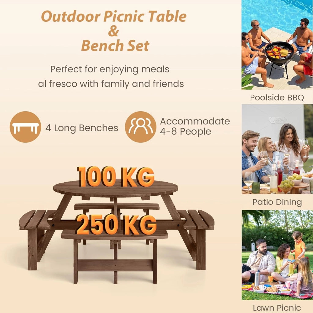 Tavolo da Picnic per 8 Persone con Foro per Ombrellone, Tavolo con Panche in Legno di Abete, Set da Giardino Esterno per Bar, Agriturismo, Sagra, Patio, Balcone, φ179 x 70 cm (Marrone)
