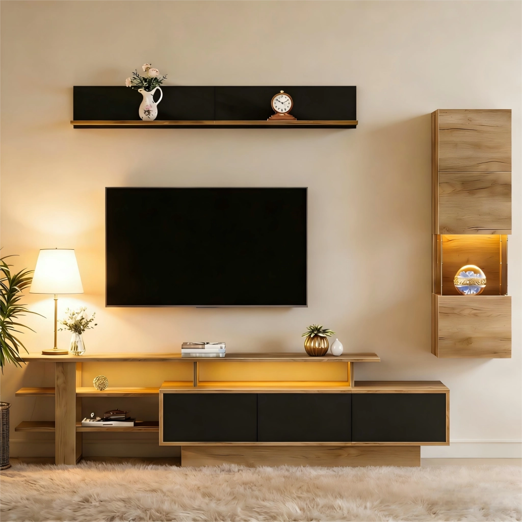 Mobile TV Parete Soggiorno Set 3pz con LED ¨C MINIMAL ¨C Nero e Legno Naturale