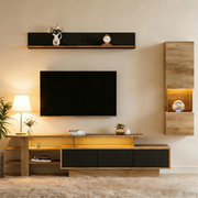 Mobile TV Parete Soggiorno Set 3pz con LED ¨C MINIMAL ¨C Nero e Legno Naturale