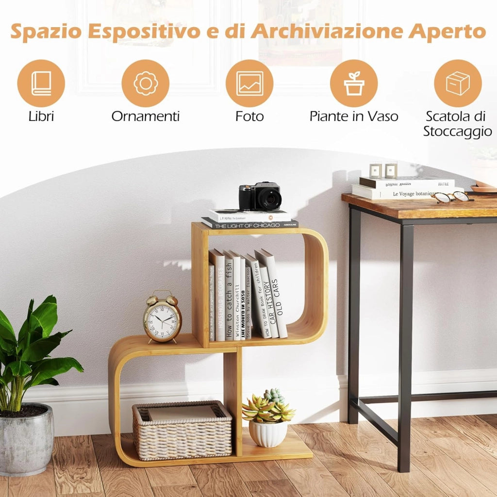 Libreria a 2 Cubi Forma di S, Libreria Bassa Scaffale in Bamboo, Libreria Design Moderna Salvaspazio Piccola da Terra, per Soggiorno, Studio e Ufficio, 61 x 23 x 66,5 cm, Naturale (2 Livelli)