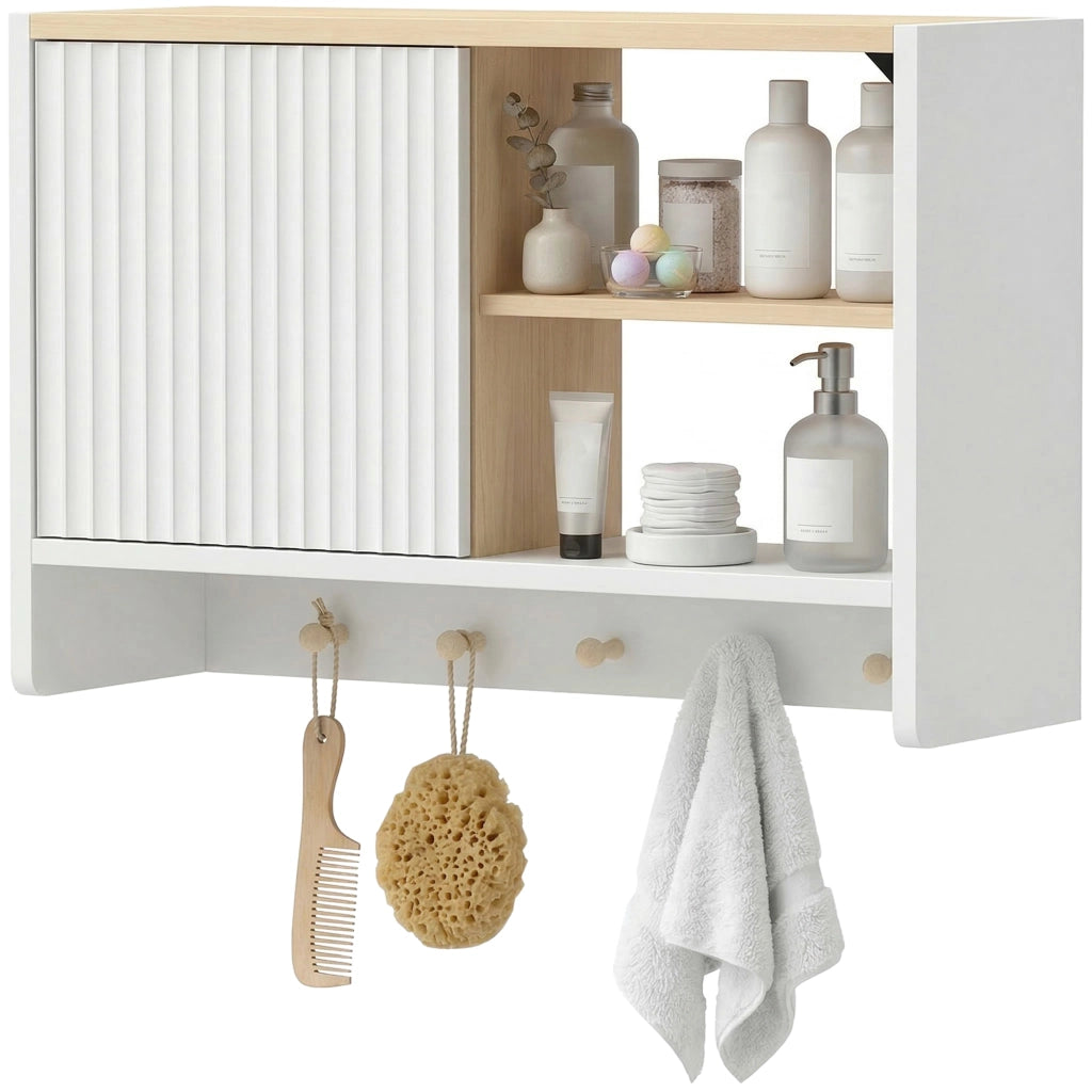Armadietto da bagno sospeso con ante, ripiani e 5 ganci ¨C zephmum ¨C bianco 60x30x30
