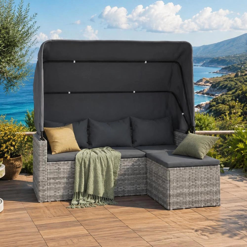3-seater Garden Sofa With Roof And Footstool Grey Poly Rattan