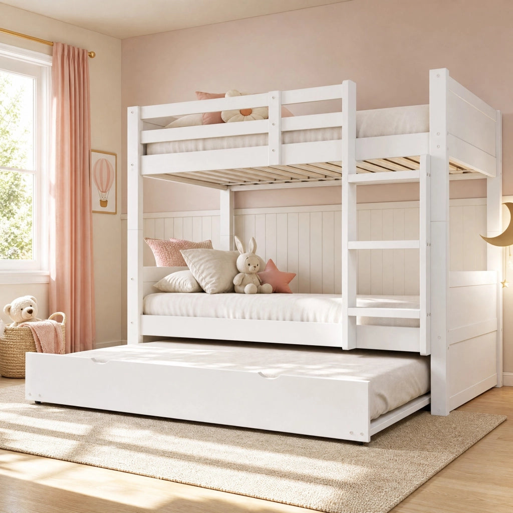 Letto a castello 90x200 cm in legno con letto estraibile, trasformabile in 2 letti singoli, bianco