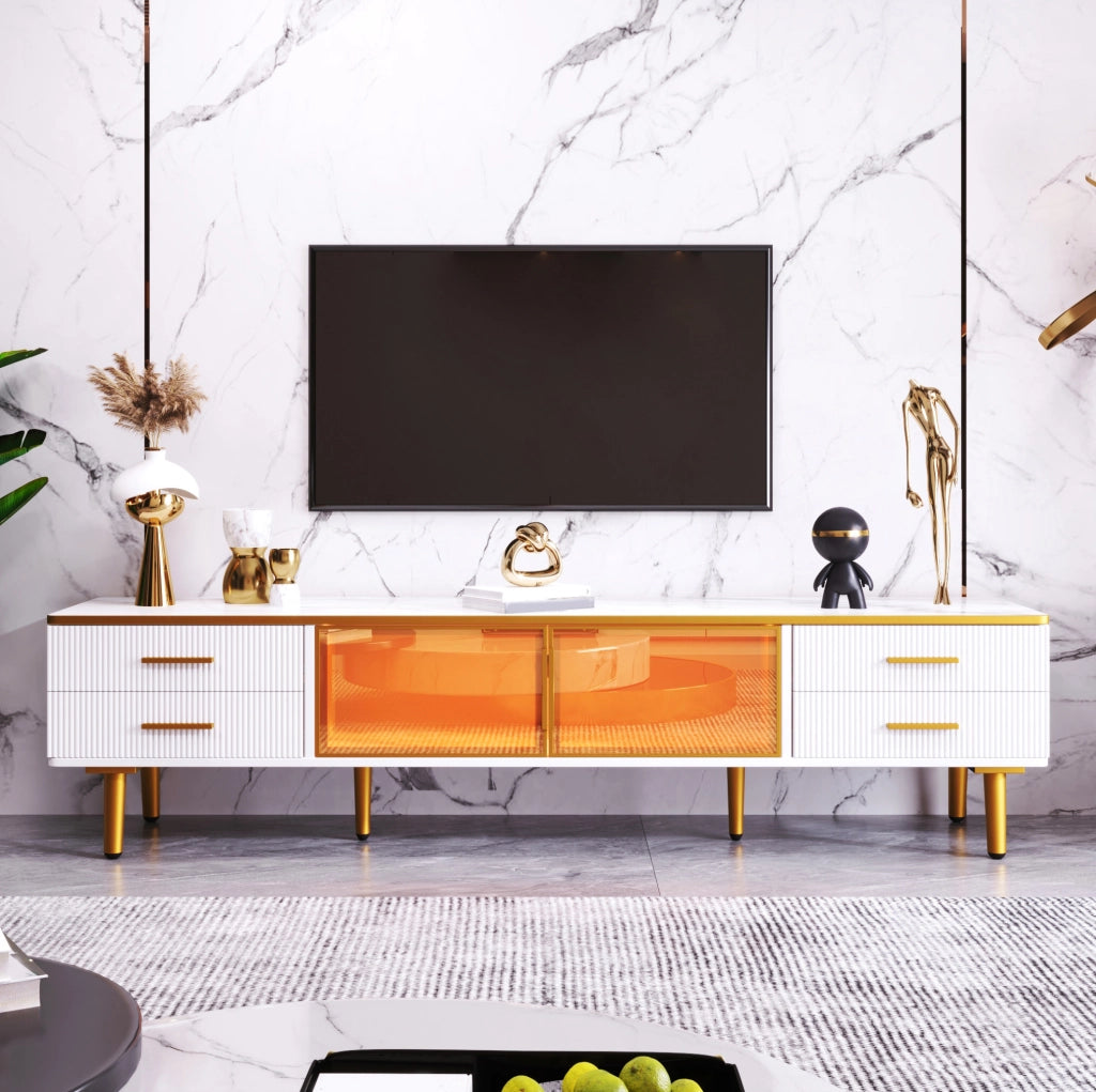 Set mobile TV e tavolino da salotto bianco con LED, vetro temperato e effetto marmo