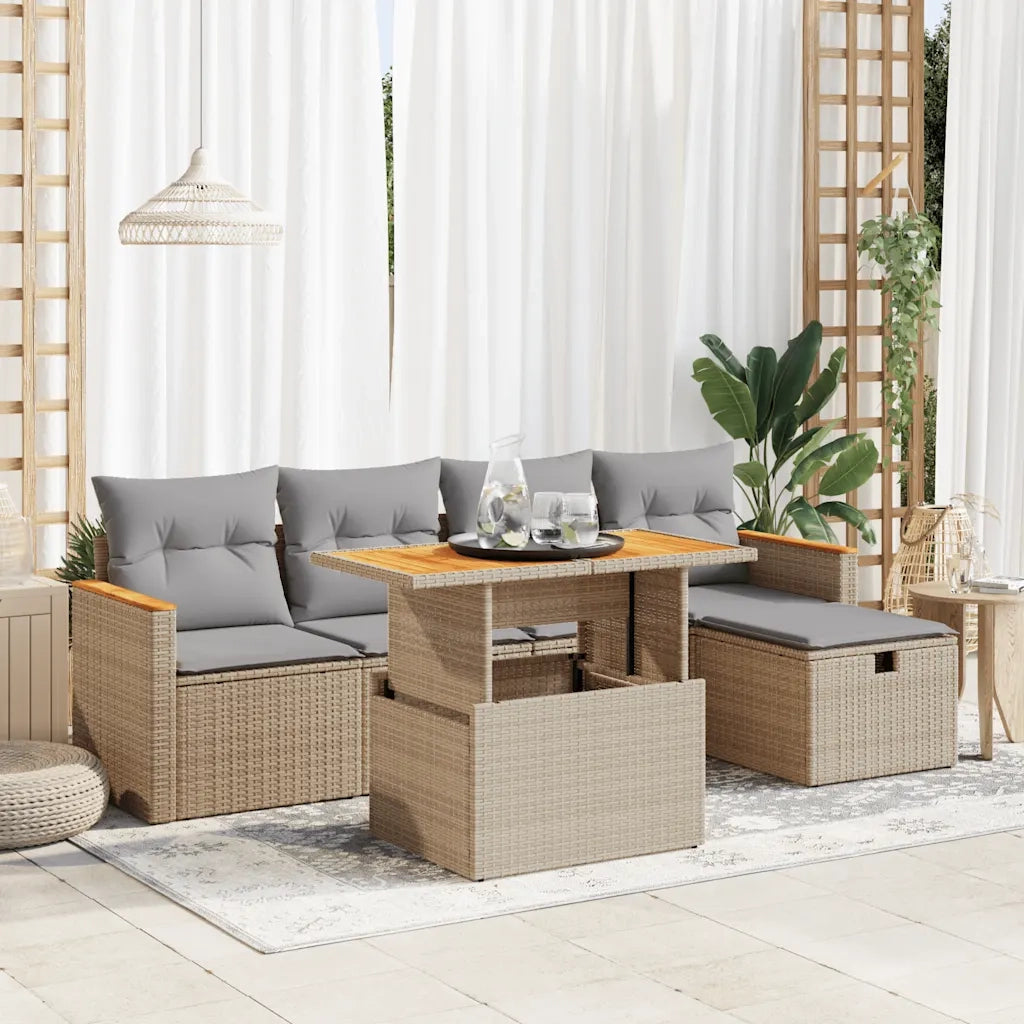 Set Divano da Giardino 6 pz con Cuscini Beige in Polyrattan