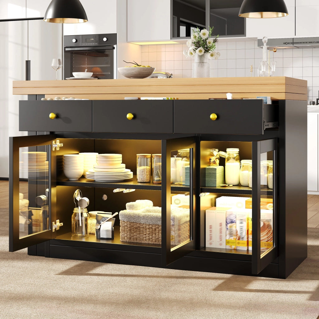 Isola da cucina, tavolo allungabile, illuminazione a LED, 3 cassetti, ante in vetro, nero