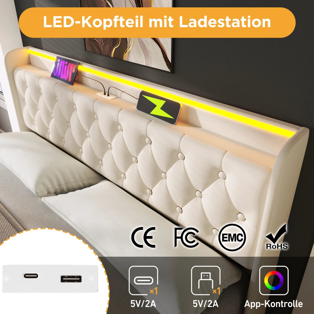 Letto in similpelle PU bianco 140x190 LED 360° vano idraulico USB Type-C