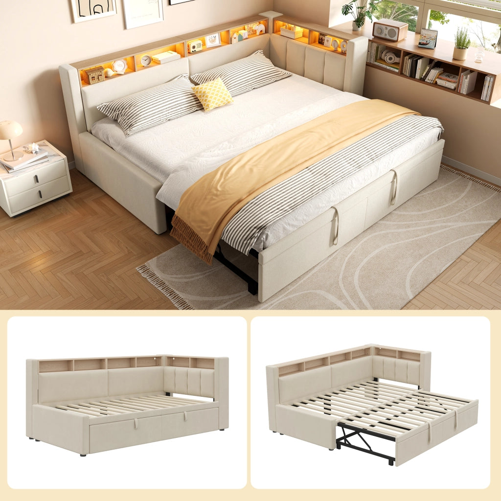Letto singolo estraibile 90x200 cm in lino e MDF; beige; con LED e testiera contenitore