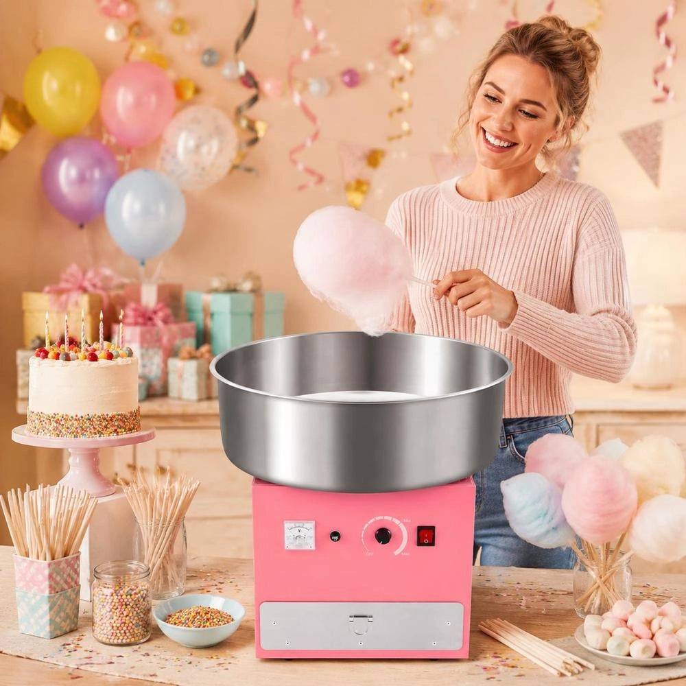Electric Cotton Candy Machine, Commercial Cotton Candy Equipment (1000 W) With 52 Cm Stainless Steel Bowl, Sugar Spoon, And Drawer, Perfect For Children's Birthdays, Family Celebrations, And Parties. Pink